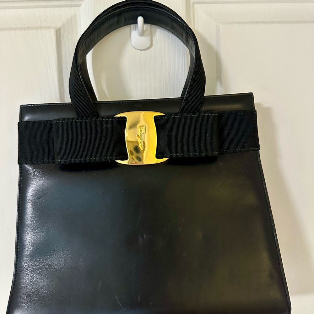 Salvatore Ferragamo Vintage Elegant Black Leather Handbag with Gold Accent